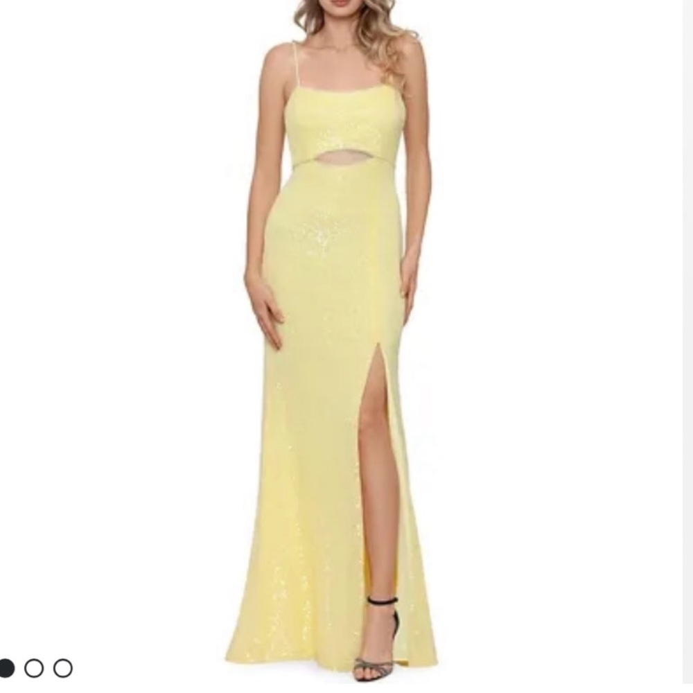 Butter yellow sequin formal dress with cutout and slit